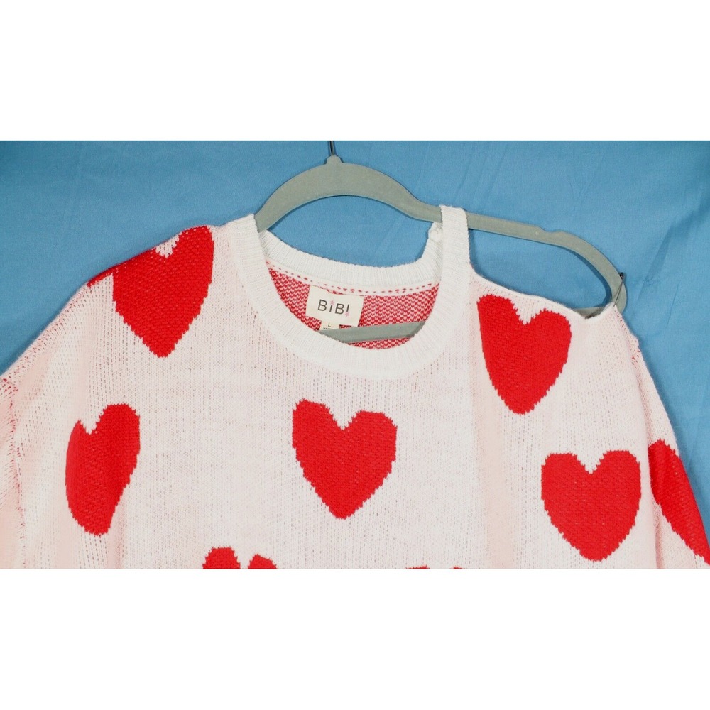 NWT BIBI Mid-Weight WHITE w/RED HEARTS Valentine COLD-SHOULDER Knit Sweater L - Picture 2 of 6